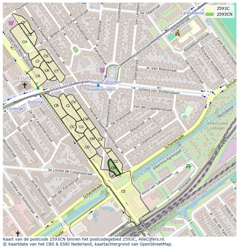 Afbeelding van het postcodegebied 2593 CN op de kaart.