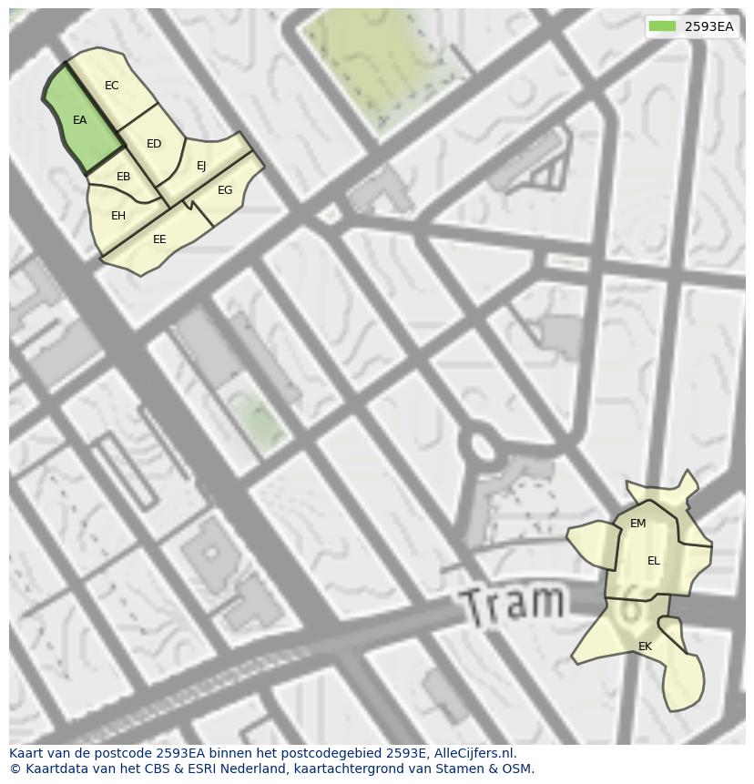 Afbeelding van het postcodegebied 2593 EA op de kaart.