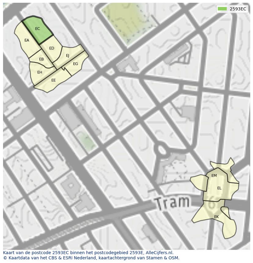 Afbeelding van het postcodegebied 2593 EC op de kaart.
