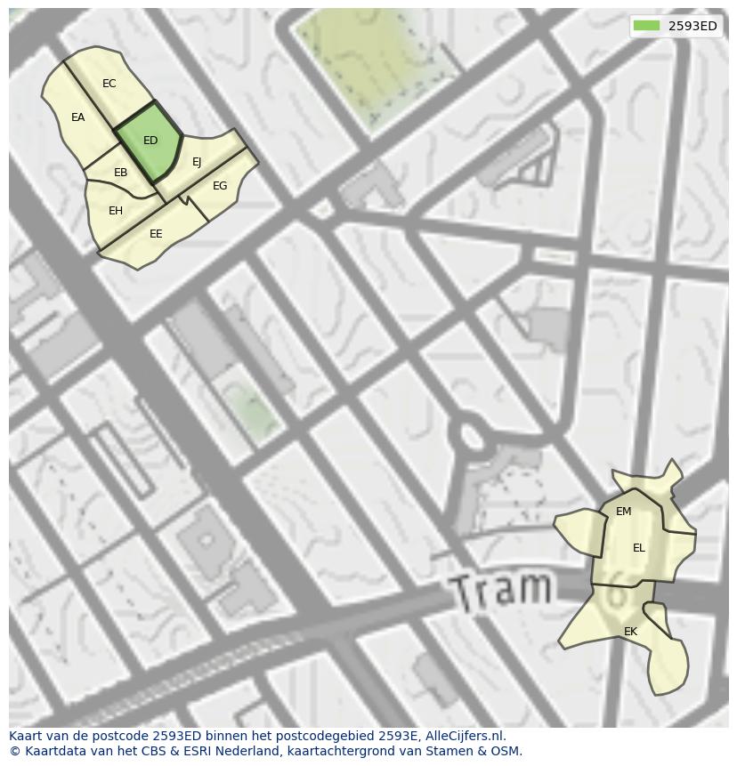 Afbeelding van het postcodegebied 2593 ED op de kaart.
