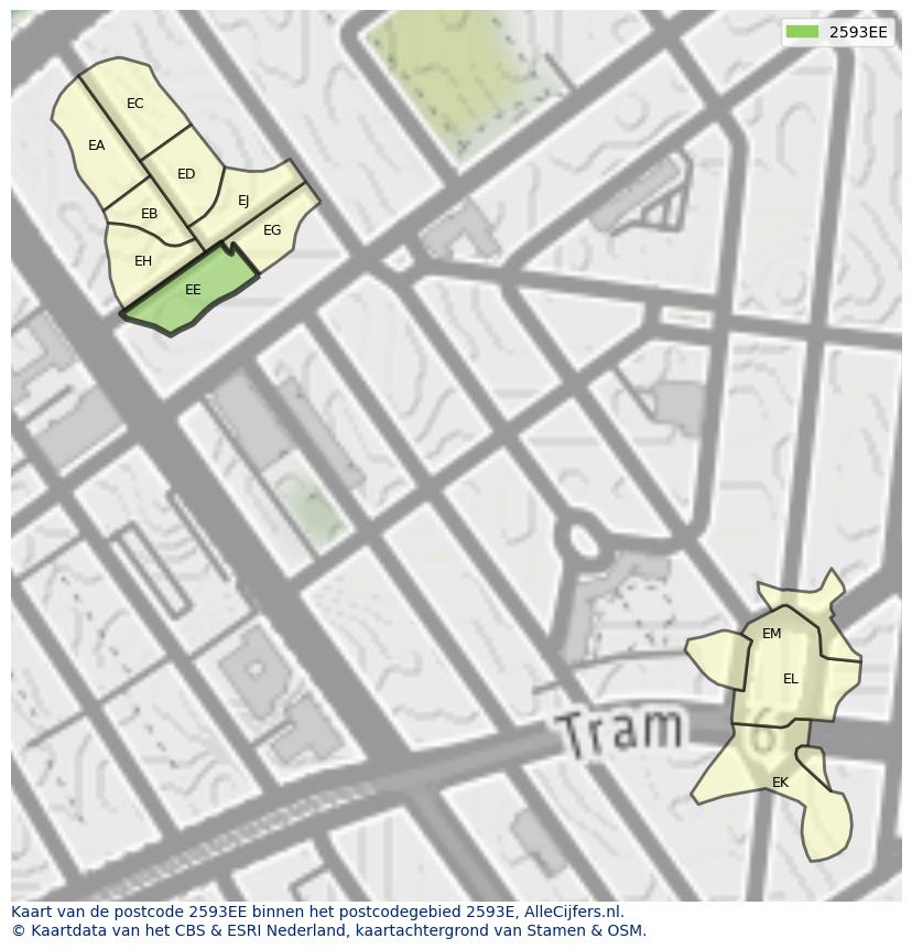 Afbeelding van het postcodegebied 2593 EE op de kaart.