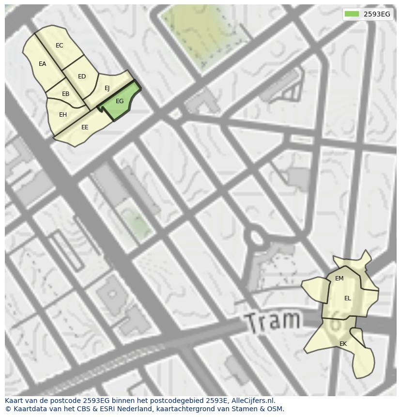 Afbeelding van het postcodegebied 2593 EG op de kaart.