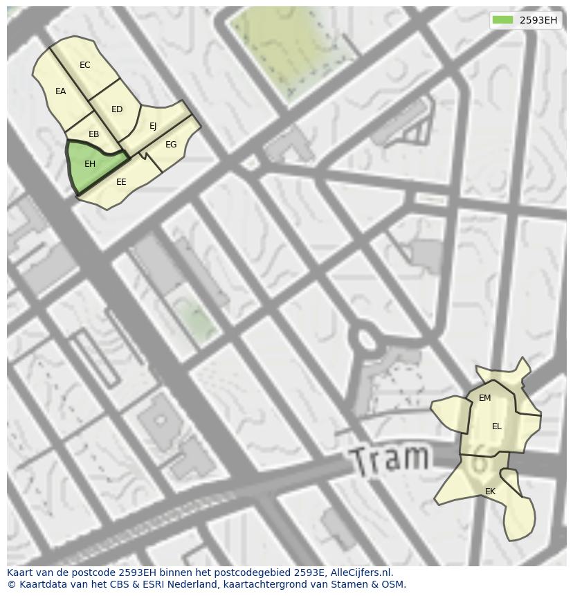 Afbeelding van het postcodegebied 2593 EH op de kaart.