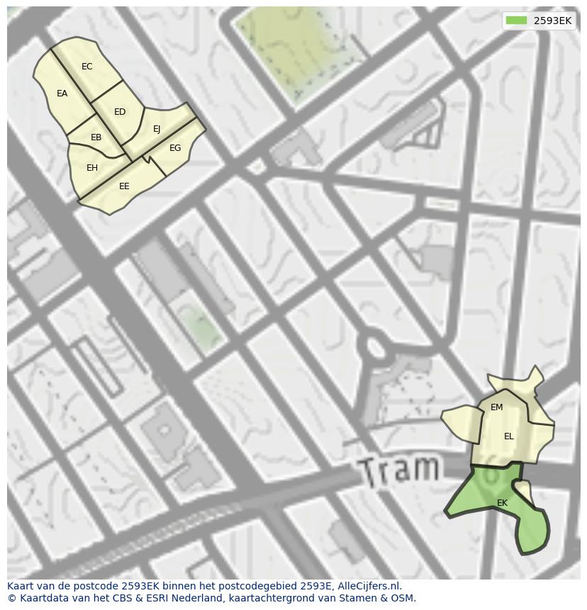 Afbeelding van het postcodegebied 2593 EK op de kaart.