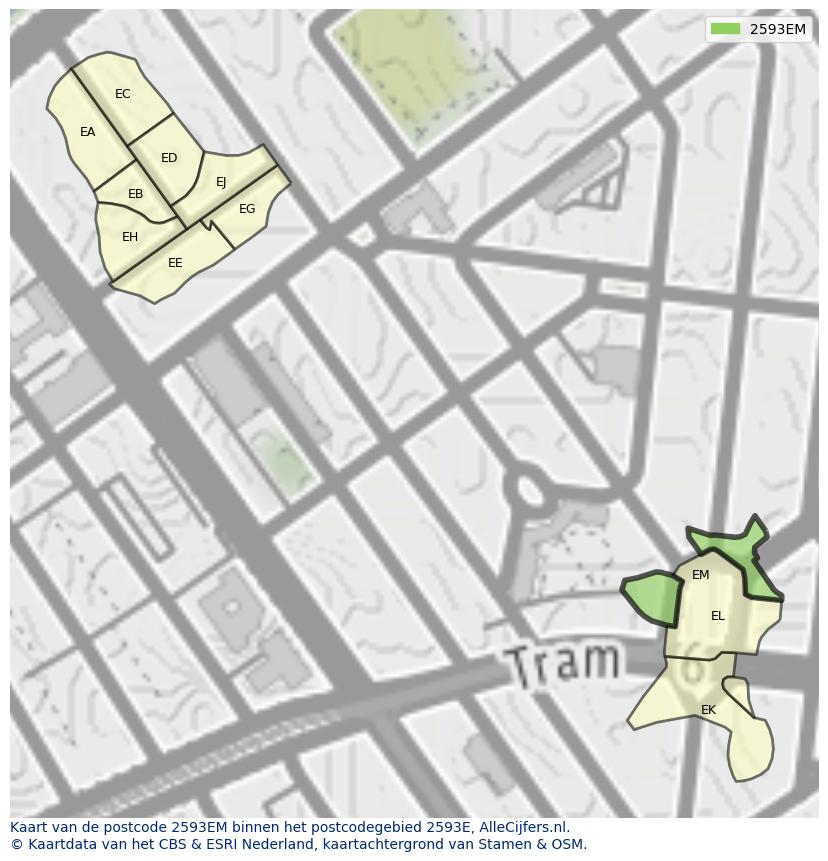 Afbeelding van het postcodegebied 2593 EM op de kaart.