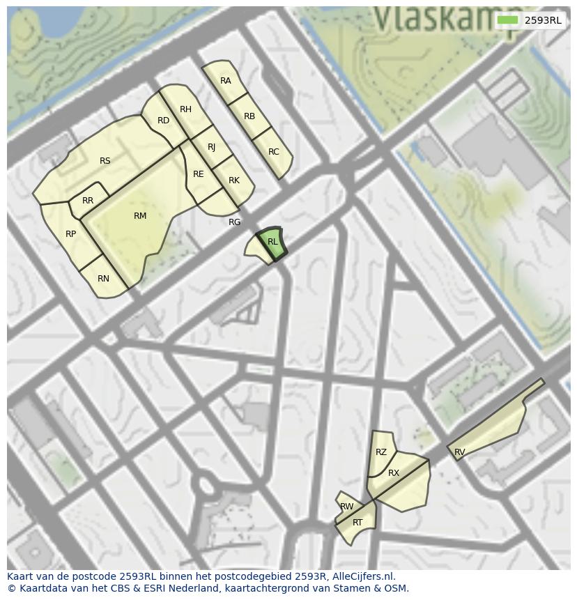 Afbeelding van het postcodegebied 2593 RL op de kaart.