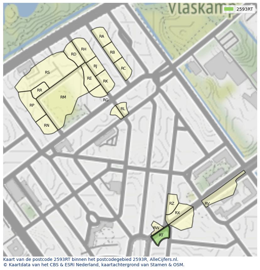 Afbeelding van het postcodegebied 2593 RT op de kaart.