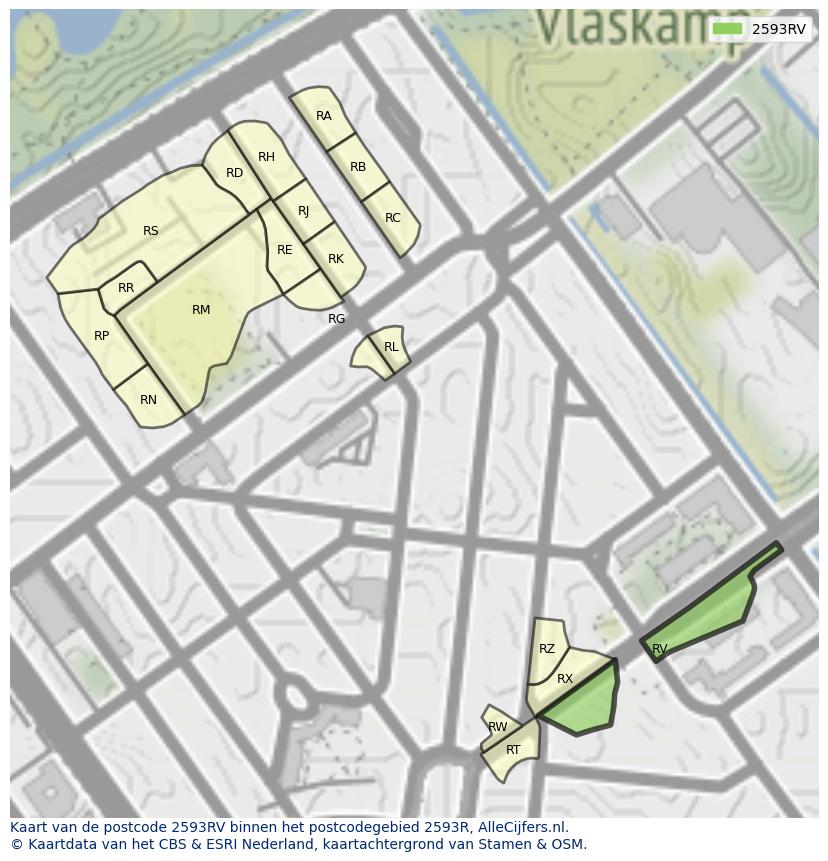 Afbeelding van het postcodegebied 2593 RV op de kaart.