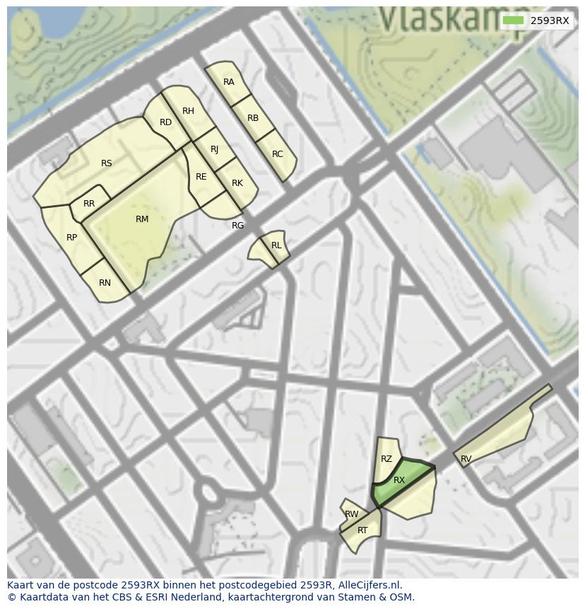 Afbeelding van het postcodegebied 2593 RX op de kaart.