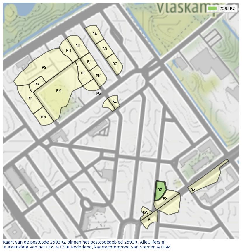 Afbeelding van het postcodegebied 2593 RZ op de kaart.