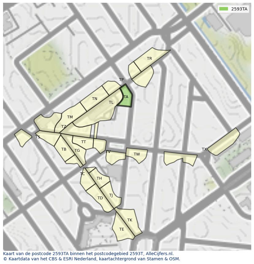 Afbeelding van het postcodegebied 2593 TA op de kaart.