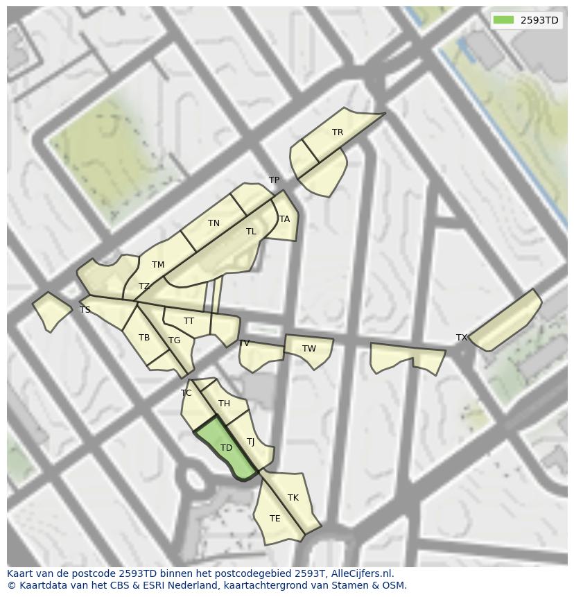 Afbeelding van het postcodegebied 2593 TD op de kaart.