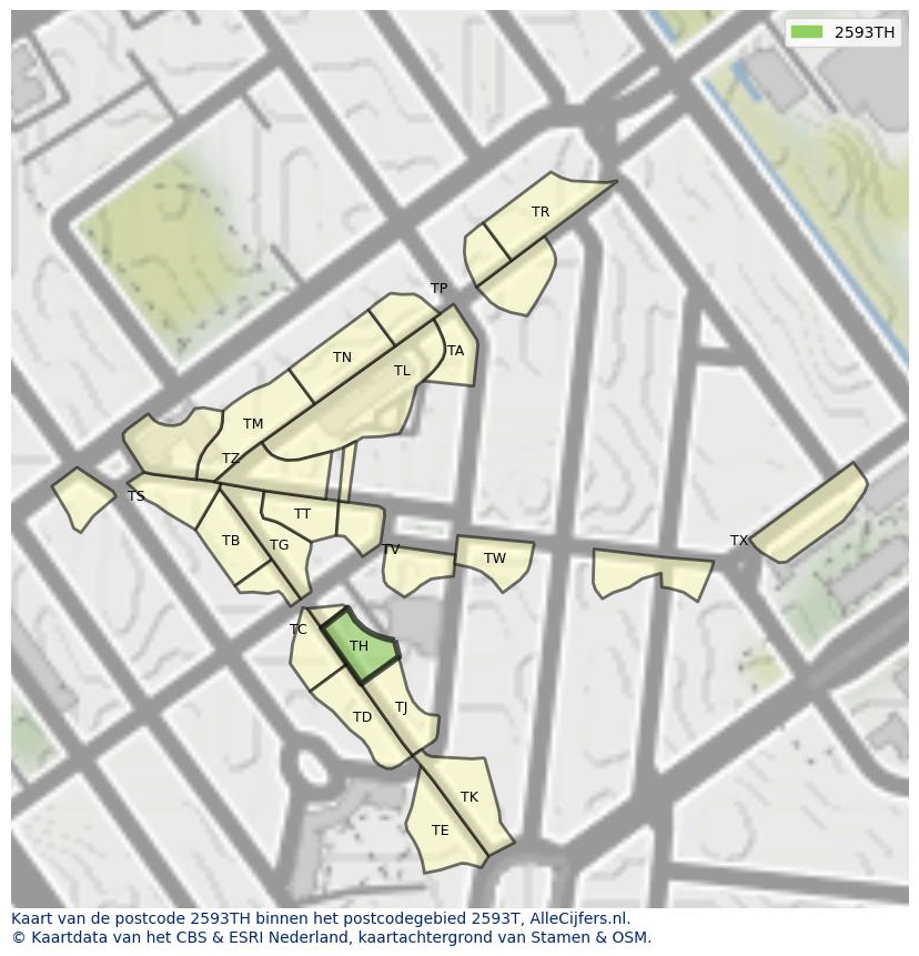 Afbeelding van het postcodegebied 2593 TH op de kaart.