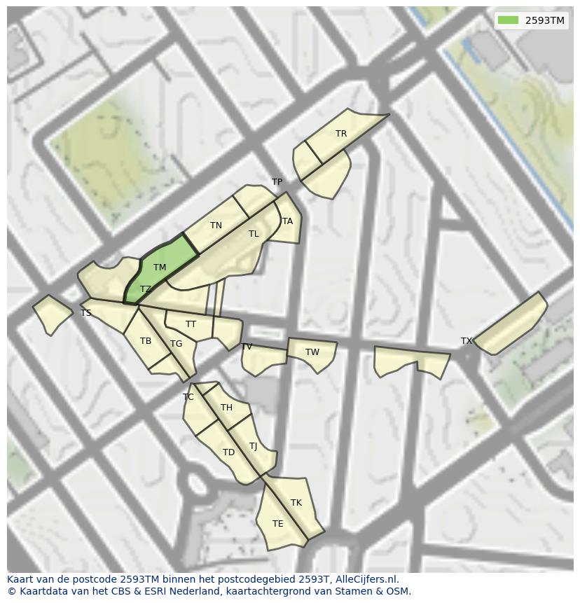 Afbeelding van het postcodegebied 2593 TM op de kaart.
