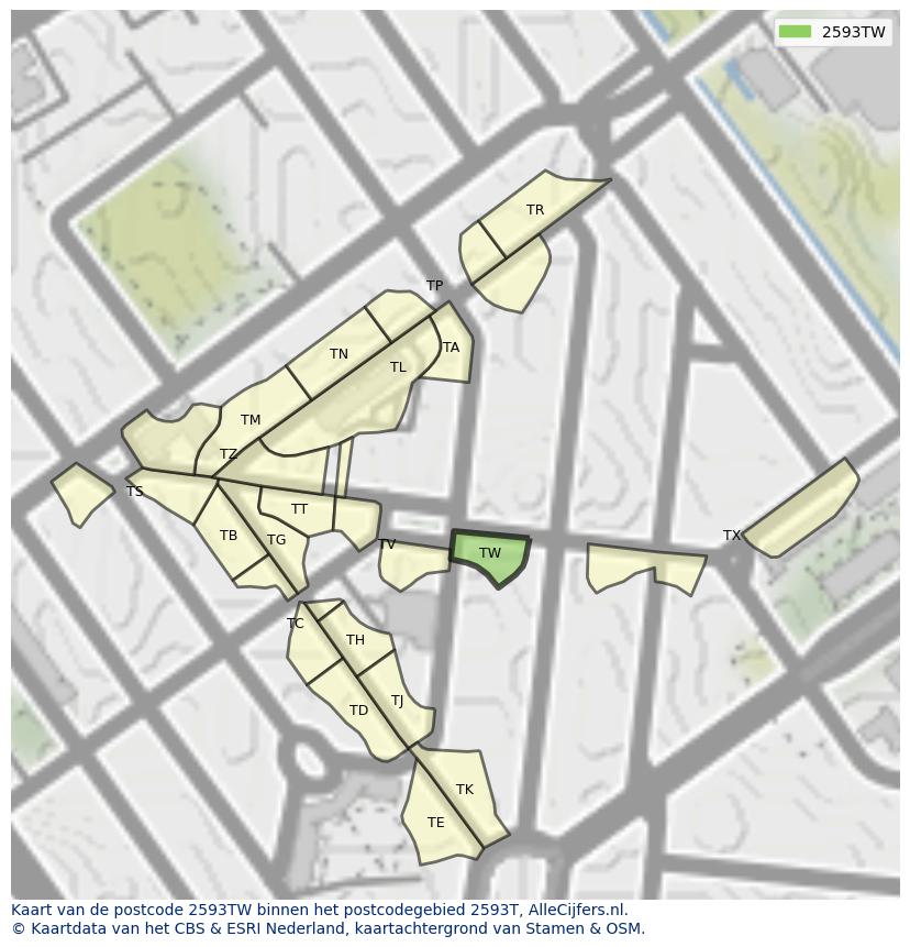 Afbeelding van het postcodegebied 2593 TW op de kaart.