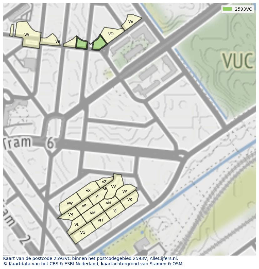 Afbeelding van het postcodegebied 2593 VC op de kaart.