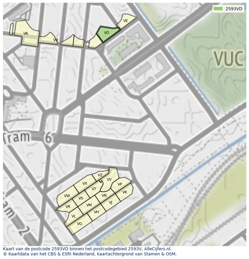 Afbeelding van het postcodegebied 2593 VD op de kaart.