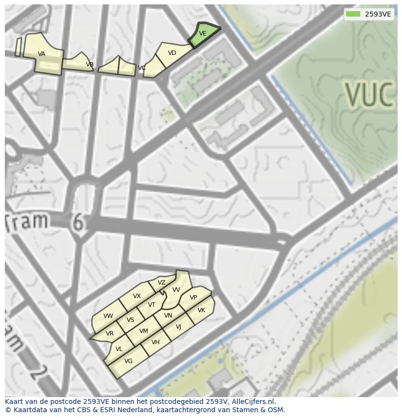 Afbeelding van het postcodegebied 2593 VE op de kaart.