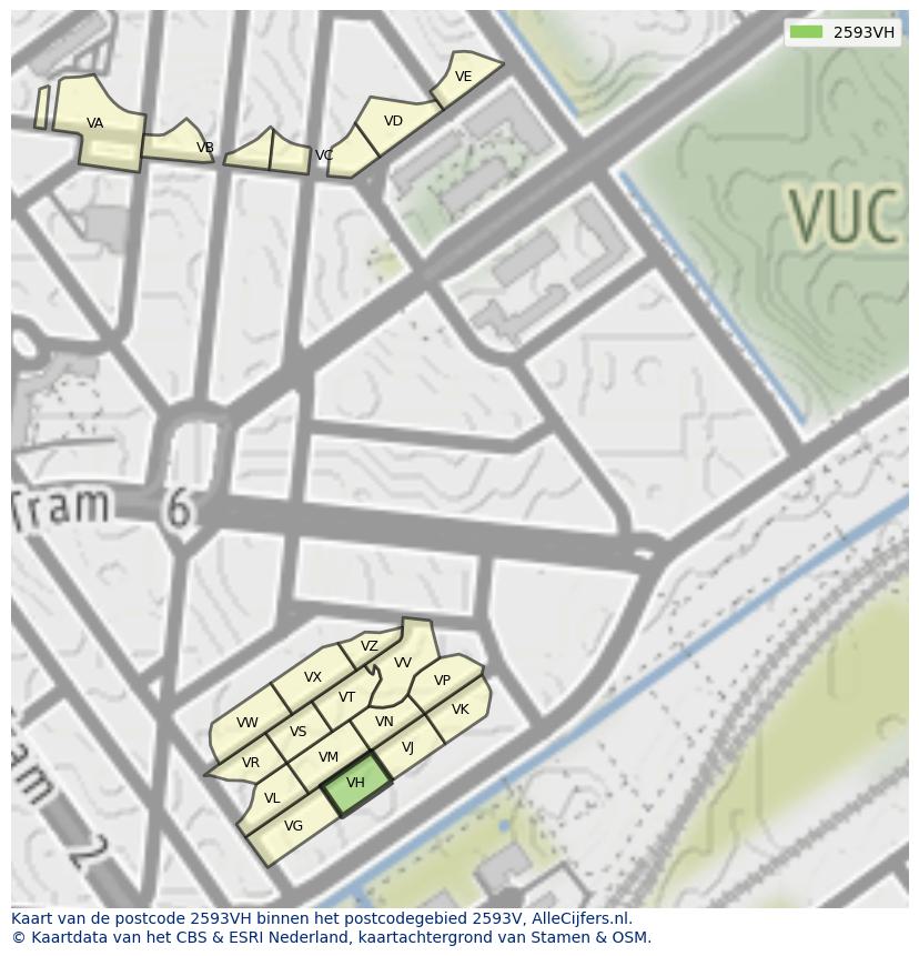 Afbeelding van het postcodegebied 2593 VH op de kaart.