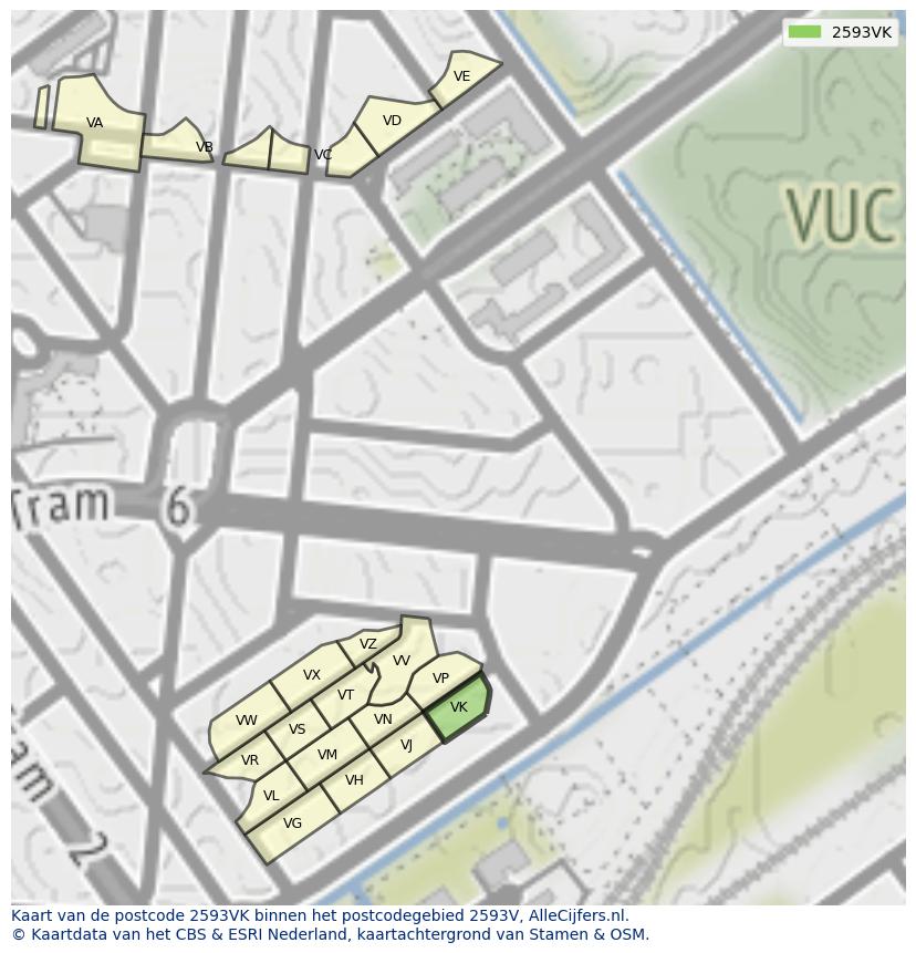 Afbeelding van het postcodegebied 2593 VK op de kaart.