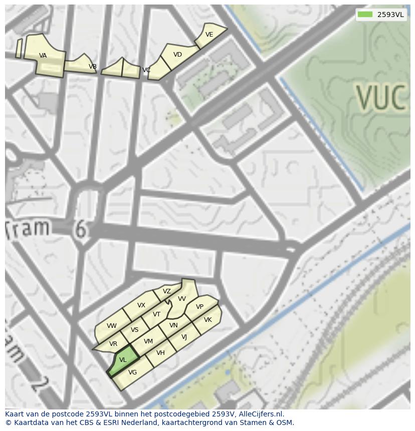 Afbeelding van het postcodegebied 2593 VL op de kaart.