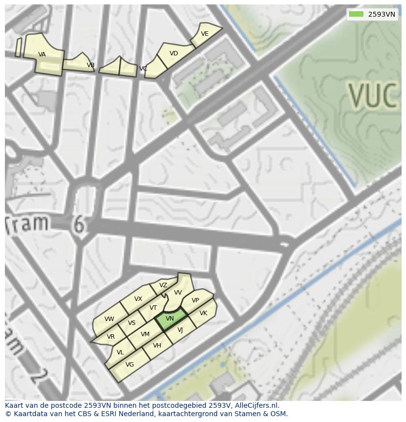 Afbeelding van het postcodegebied 2593 VN op de kaart.