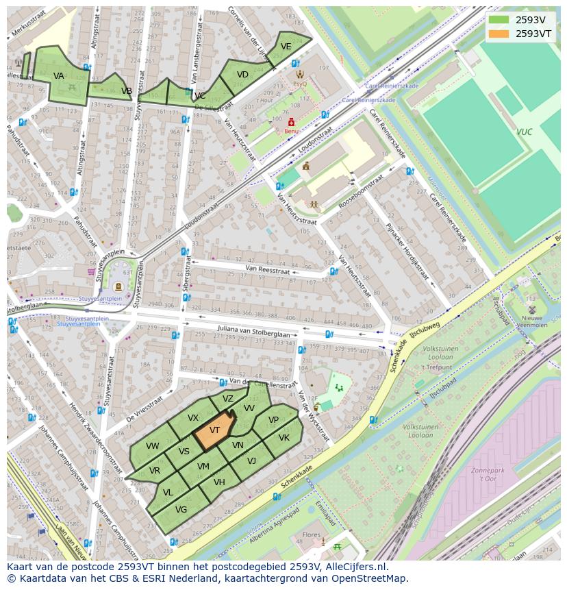 Afbeelding van het postcodegebied 2593 VT op de kaart.