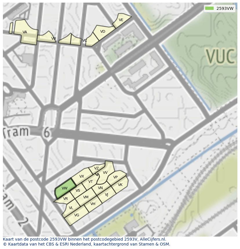 Afbeelding van het postcodegebied 2593 VW op de kaart.
