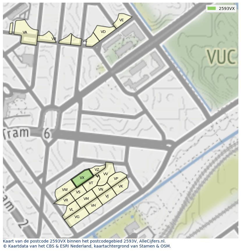 Afbeelding van het postcodegebied 2593 VX op de kaart.