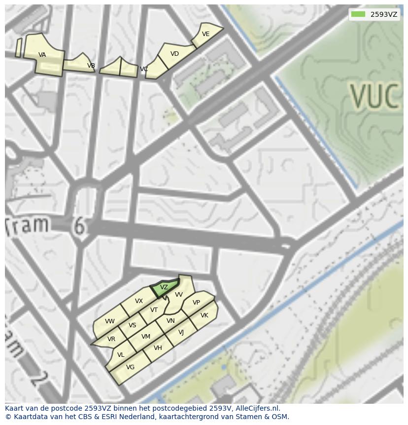 Afbeelding van het postcodegebied 2593 VZ op de kaart.