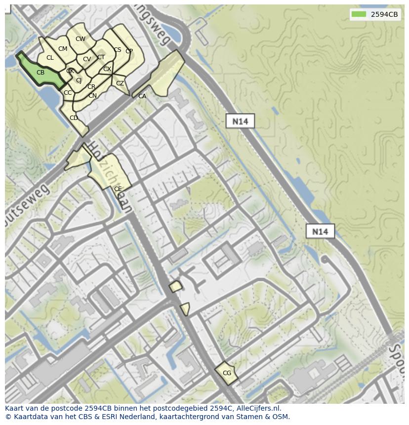 Afbeelding van het postcodegebied 2594 CB op de kaart.