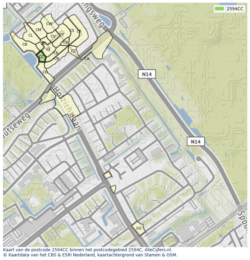 Afbeelding van het postcodegebied 2594 CC op de kaart.