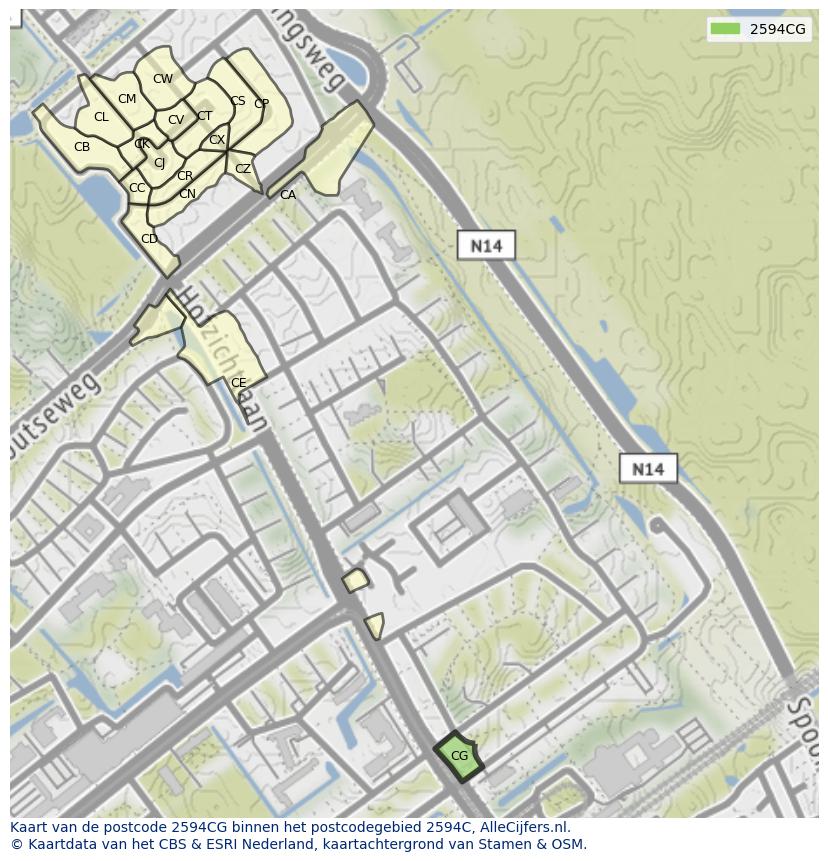 Afbeelding van het postcodegebied 2594 CG op de kaart.