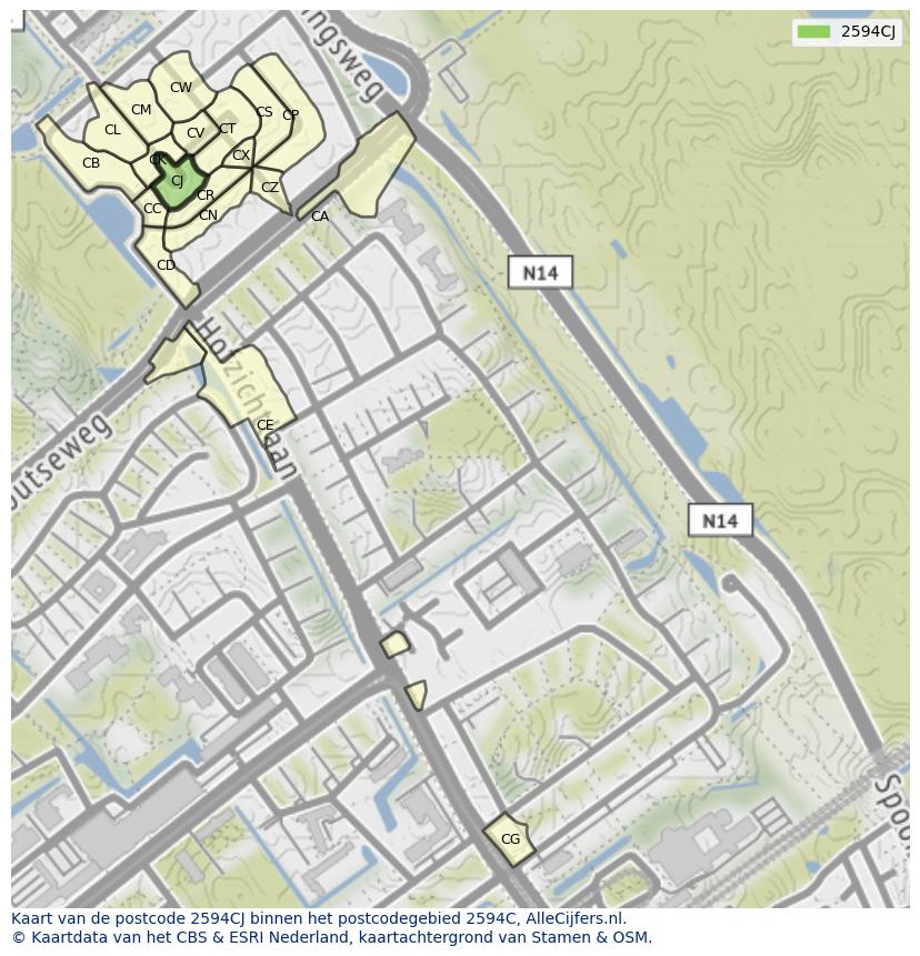 Afbeelding van het postcodegebied 2594 CJ op de kaart.