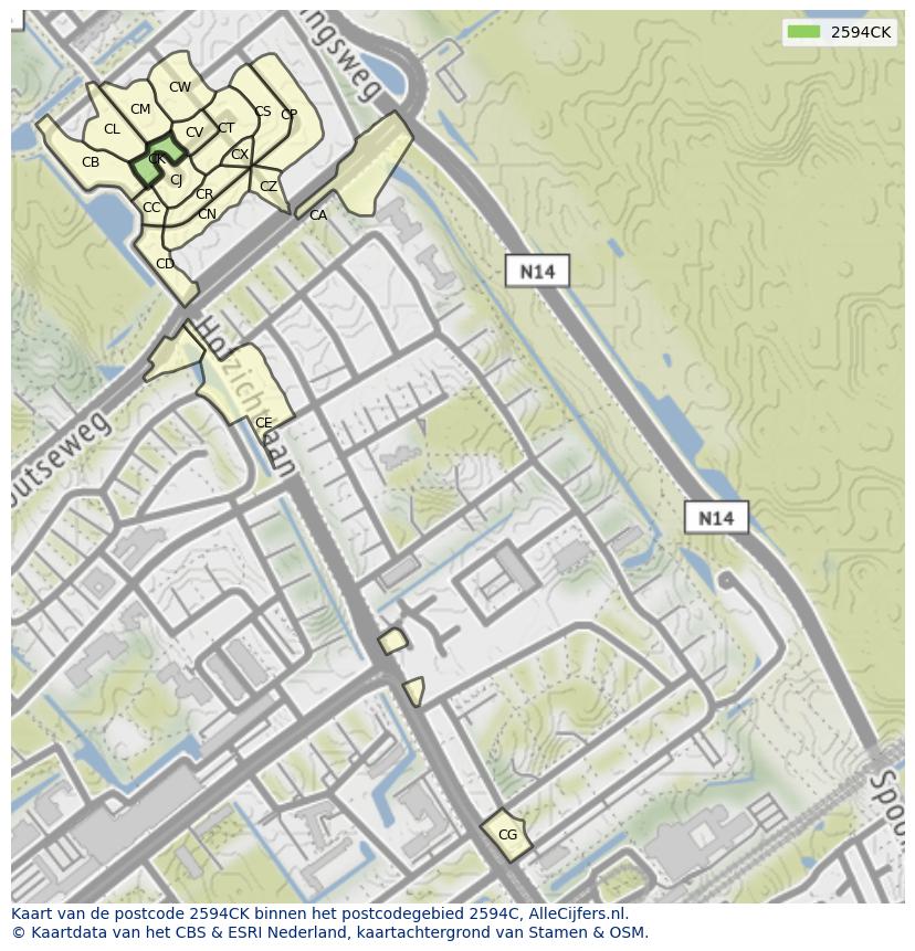 Afbeelding van het postcodegebied 2594 CK op de kaart.