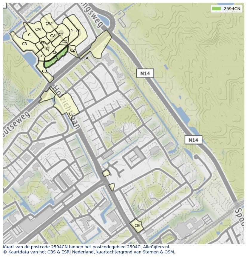 Afbeelding van het postcodegebied 2594 CN op de kaart.