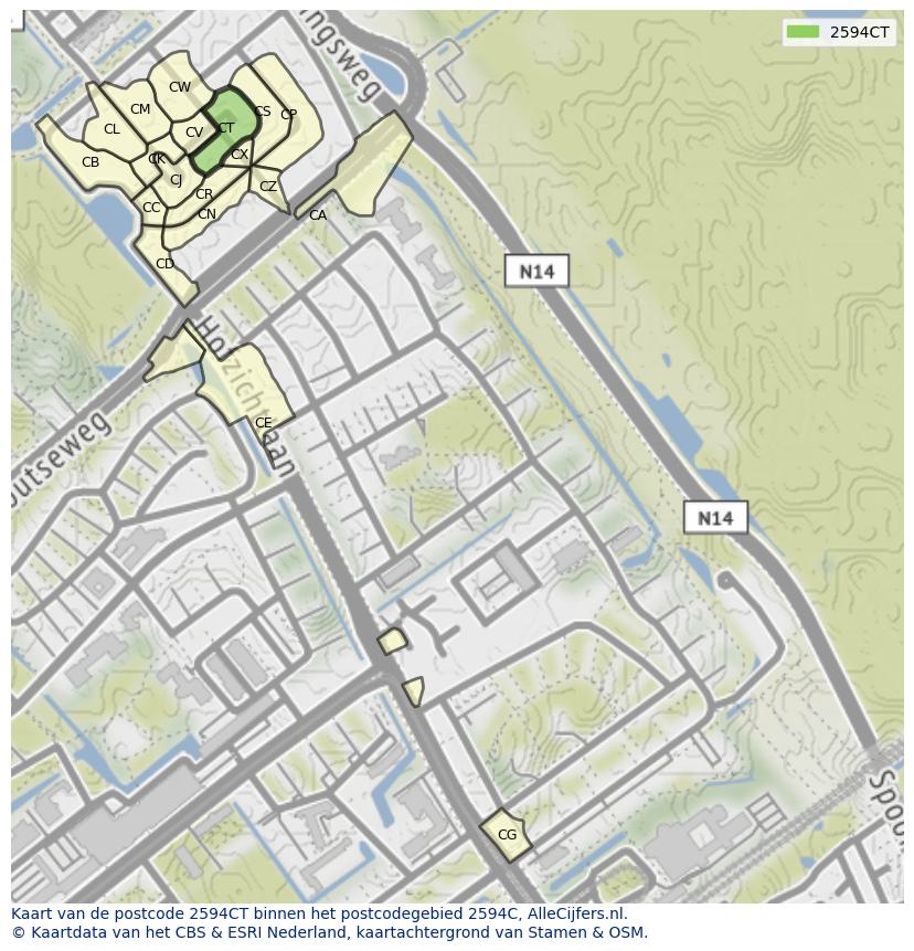 Afbeelding van het postcodegebied 2594 CT op de kaart.