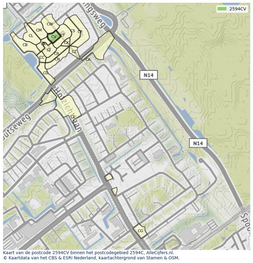 Afbeelding van het postcodegebied 2594 CV op de kaart.
