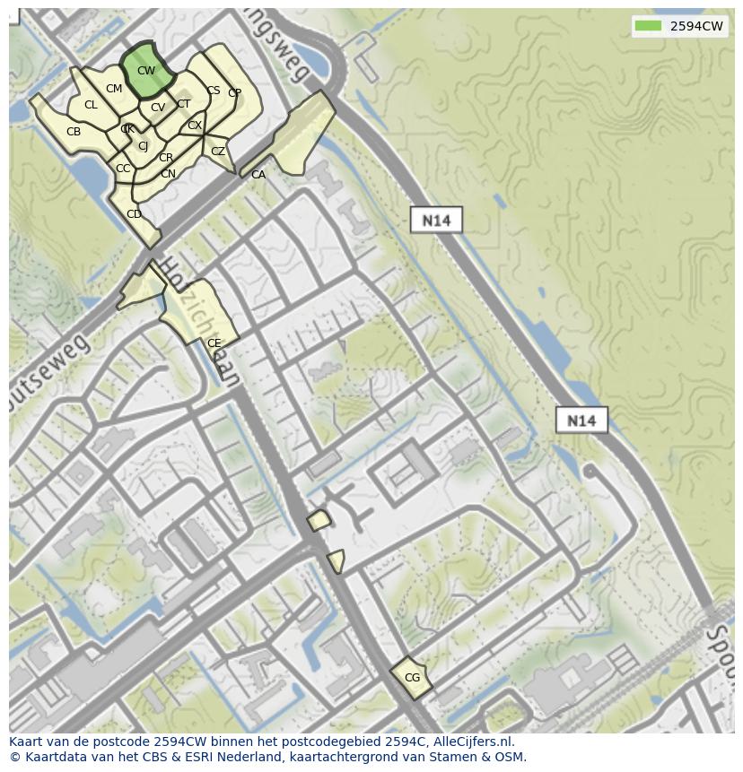 Afbeelding van het postcodegebied 2594 CW op de kaart.