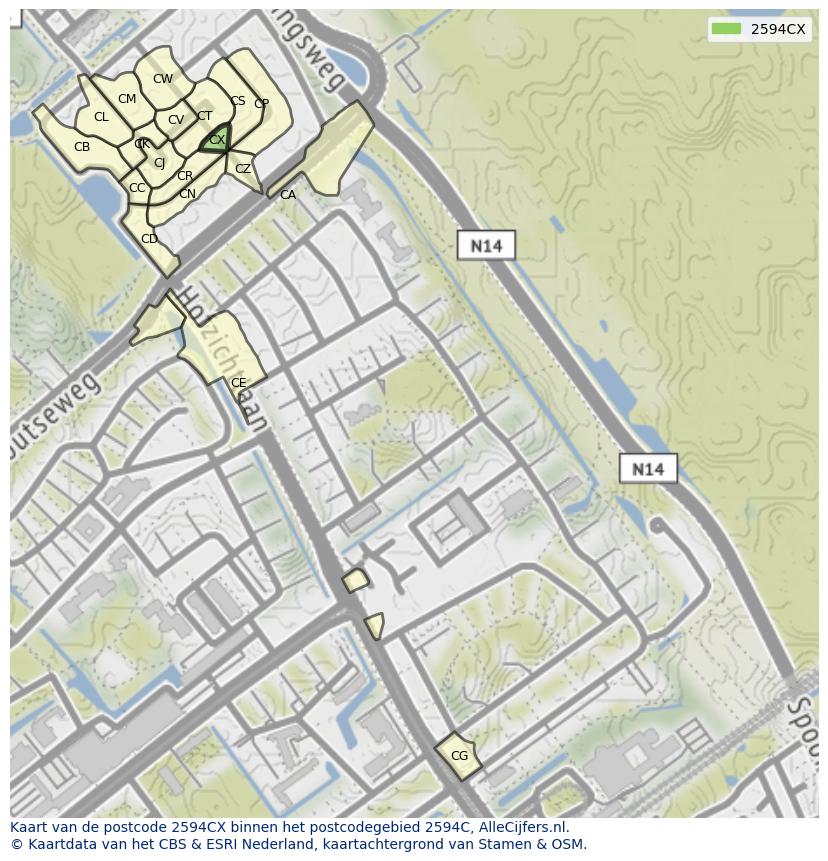Afbeelding van het postcodegebied 2594 CX op de kaart.