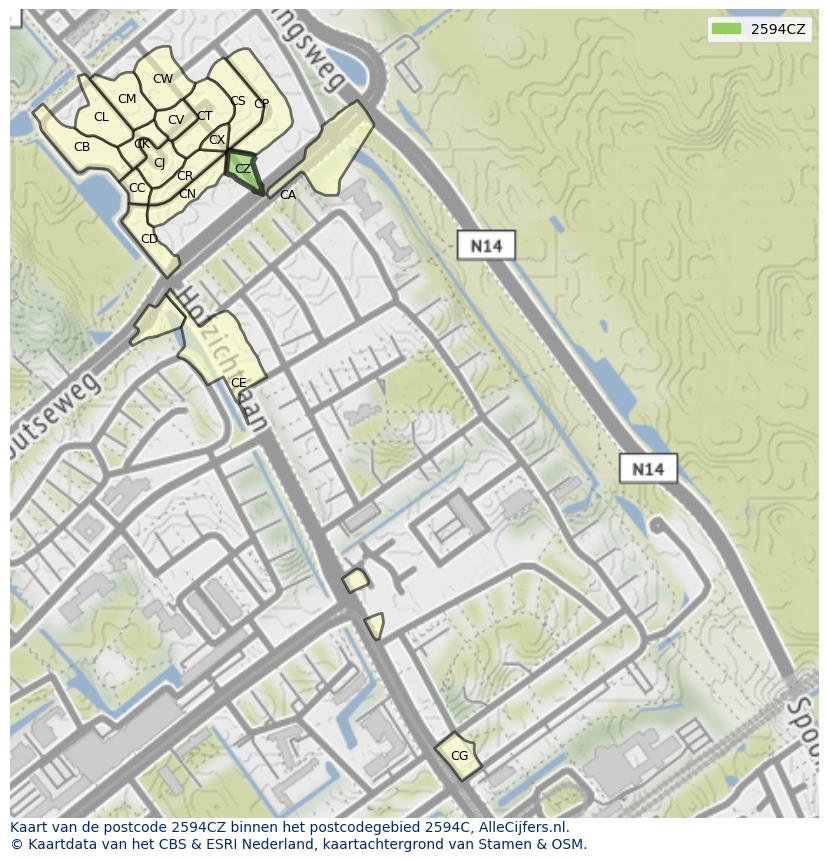 Afbeelding van het postcodegebied 2594 CZ op de kaart.