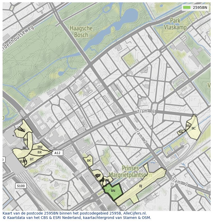 Afbeelding van het postcodegebied 2595 BN op de kaart.