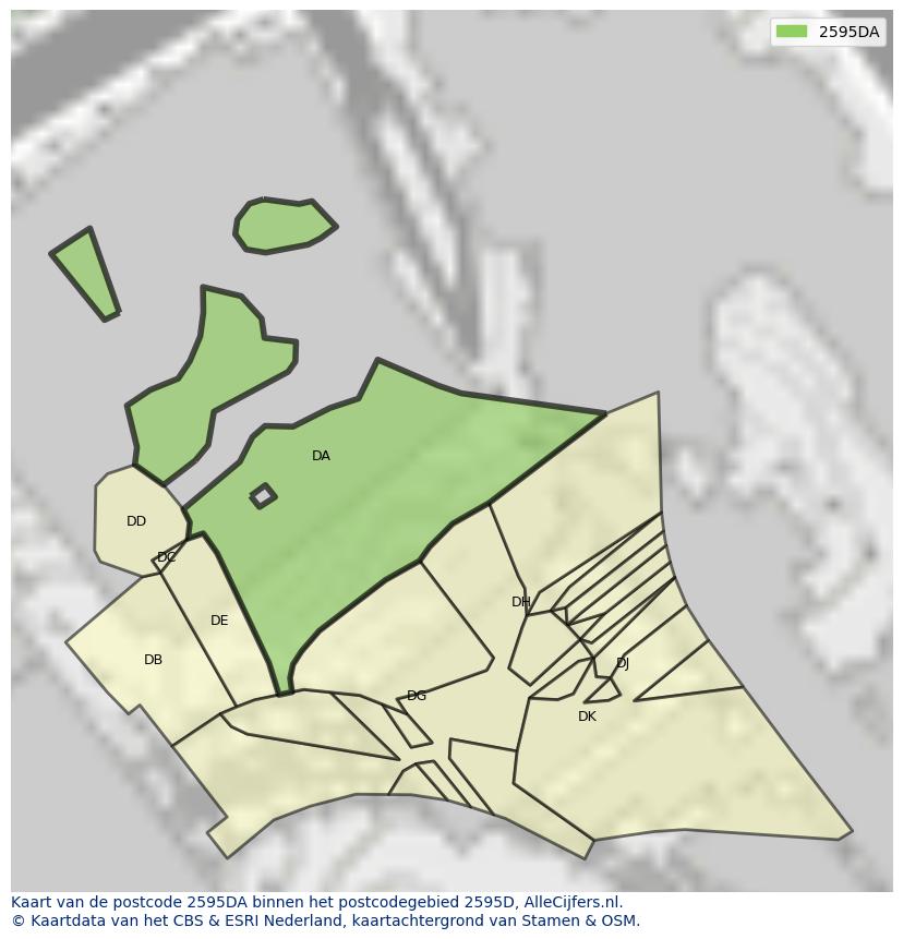 Afbeelding van het postcodegebied 2595 DA op de kaart.