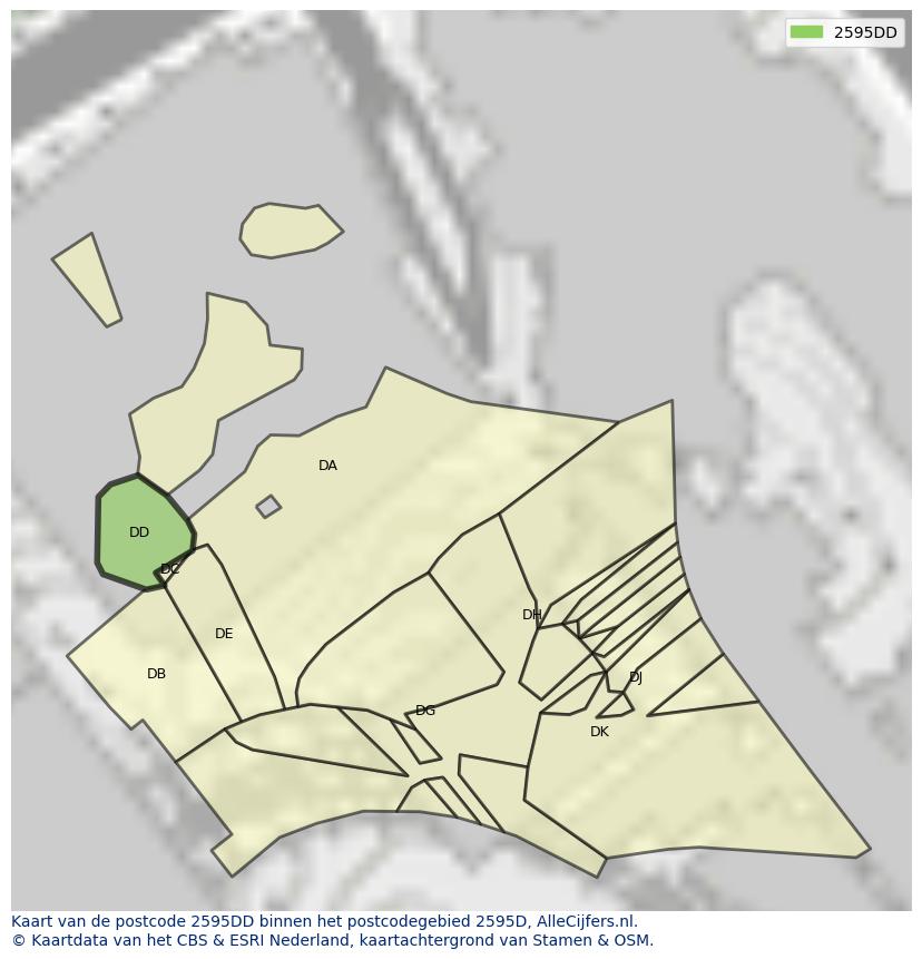 Afbeelding van het postcodegebied 2595 DD op de kaart.