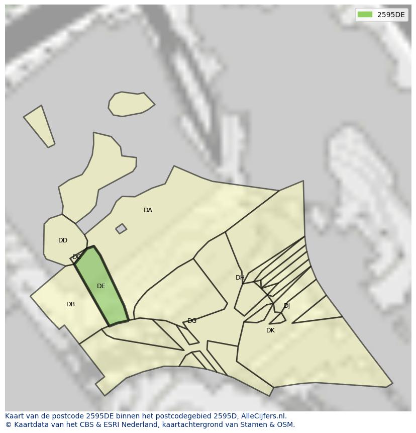 Afbeelding van het postcodegebied 2595 DE op de kaart.