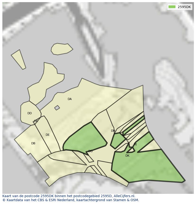 Afbeelding van het postcodegebied 2595 DK op de kaart.