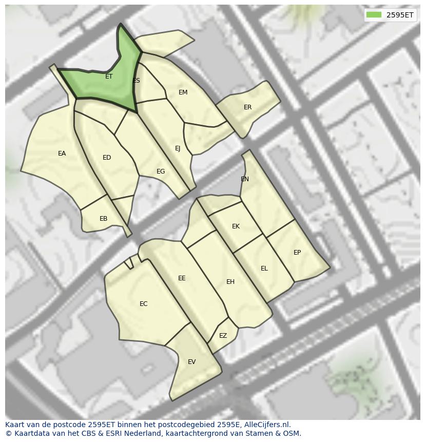 Afbeelding van het postcodegebied 2595 ET op de kaart.
