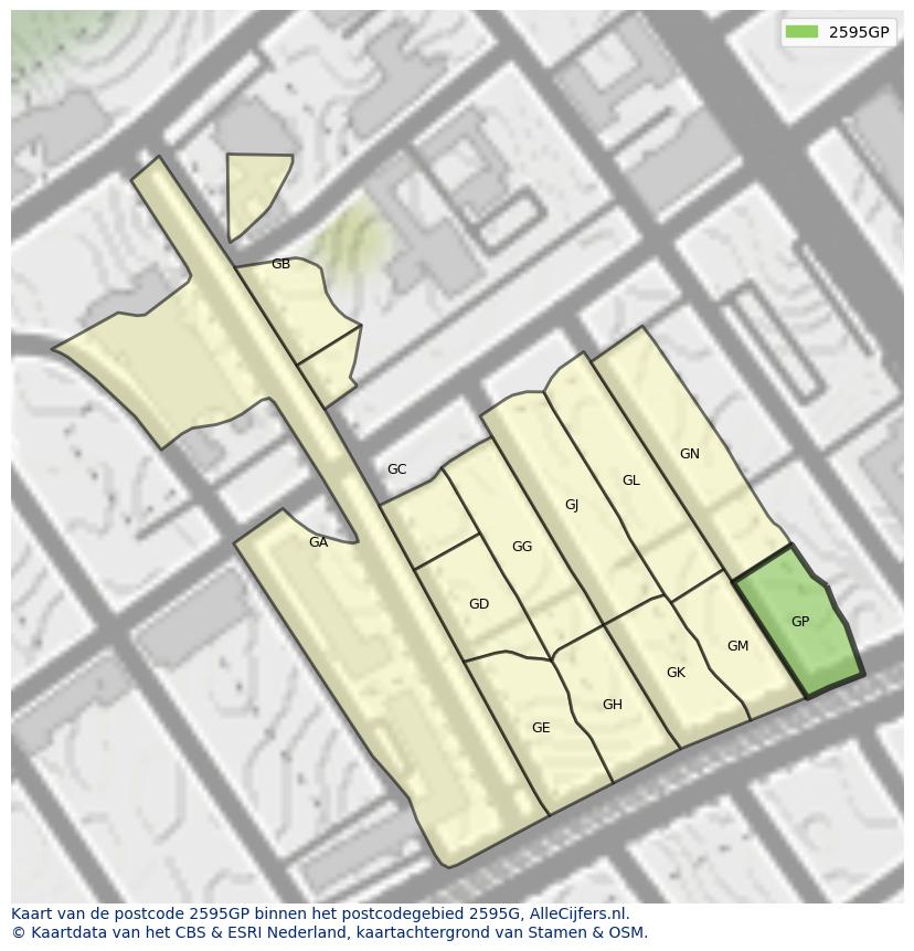 Afbeelding van het postcodegebied 2595 GP op de kaart.