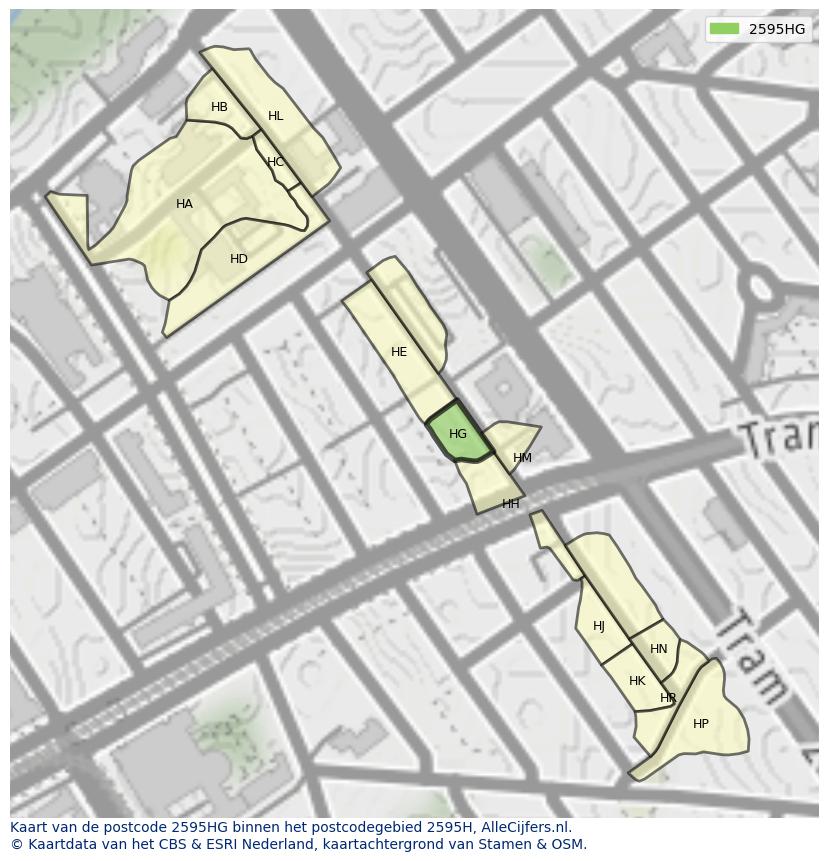 Afbeelding van het postcodegebied 2595 HG op de kaart.