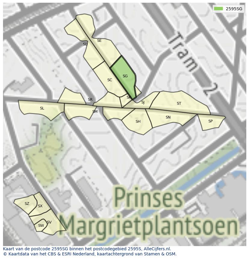 Afbeelding van het postcodegebied 2595 SG op de kaart.